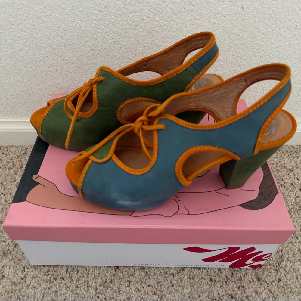 Jeffrey Campbell Green & Teal Suede Peep-Toe Slingbacks with Orange Trim - Picture 2 of 6